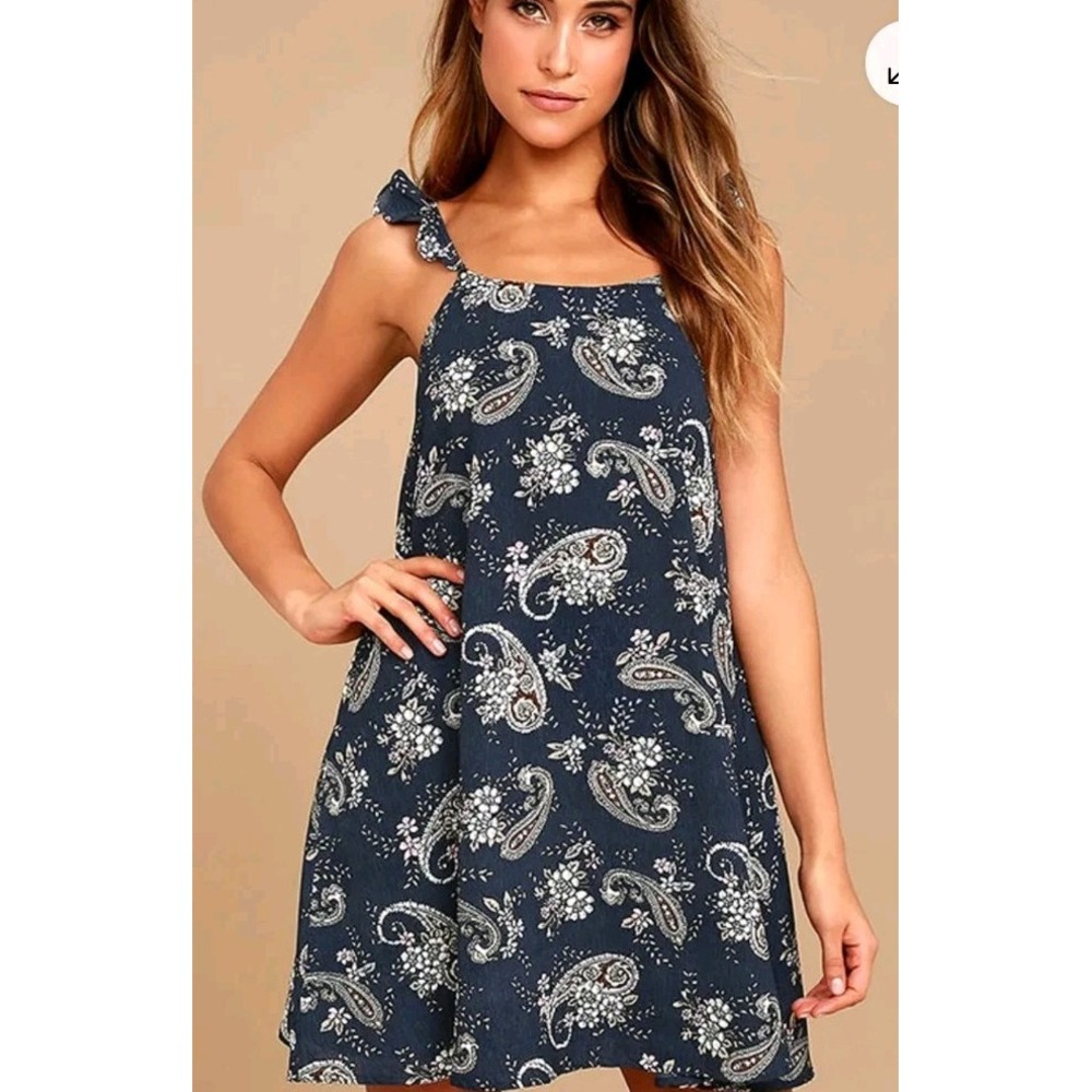 J.O.A. How Forever Feels Navy Blue Print Lace-Up Swing DressWomans Sz‎ M Flowy
